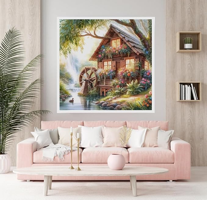 Accompany Wind Countryside Diamond Art Kits for Adults,5D Water Wheel Diamond Painting Kits for Beginners,DIY Round Full Drill Diamonds Gem Art Crafts for Home Wall Decor Gifts 14x14 Inch