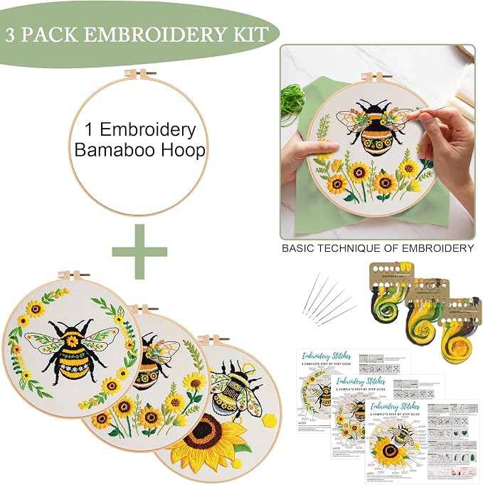 Nuberlic 3 Pack Embroidery Kit for Beginners with Bee Pattern