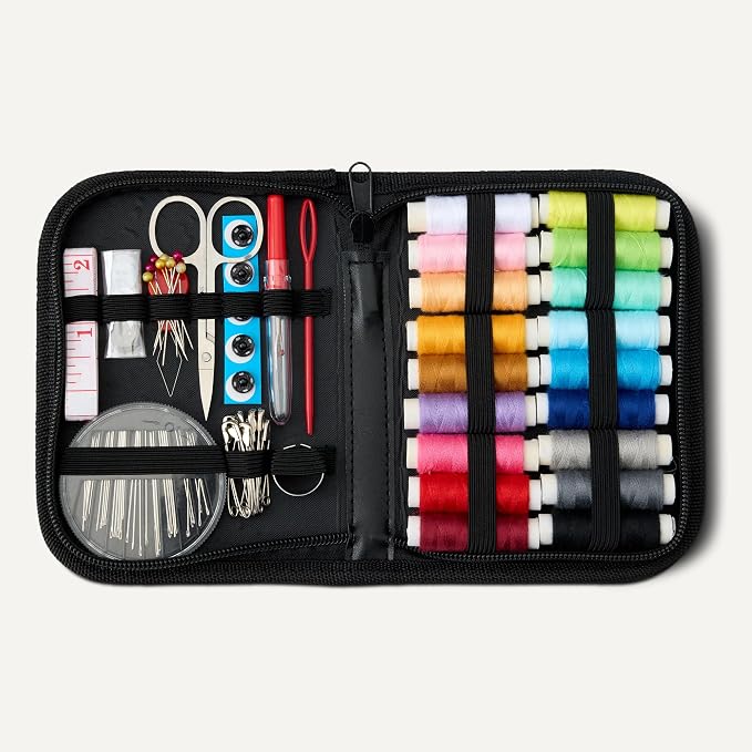 Amazon Basics Portable Travel Sewing Kit for Adults, Includes Threads, Needles, Scissors, Buttons, Thimbles, Measuring Tape, Threader, Seam Ripper and Safety Pins, Black