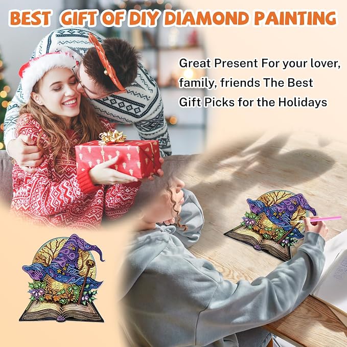 Bowetile Magic Witch Hat Diamond Art Hanging Kits for Adults, Halloween Diamond Art Suncatchers Spell Book, 5D Special Shape Diamond Painting Pendant Window Ornament Gift for Home Wall Decor