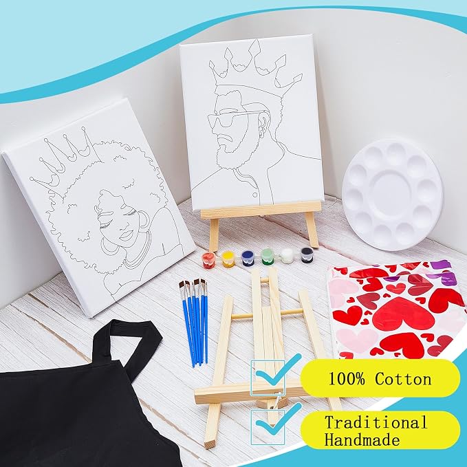 Yeaqee 13 Pcs Sip and Paint Kit for Adults Stretch Canvas Date Night Valentines Painting Kit Supplies Art Painting Set Outline Design Blank Stretch Canvas for Couple Party(Afro King Queen,8x10)