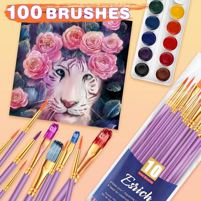 ESRICH 100PCS Pink Paint Brushes, Paint Brush for Acrylic Painting | Artist Paintbrushes for Oil Watercolor, Body Face Rock Canvas, Small Paint Brushes for Kids, Purple