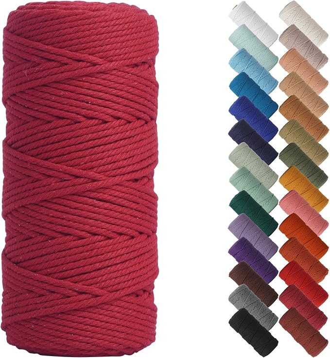 NOANTA Red Macrame Cord 3mm x 109yards, Colored Cotton Rope Macrame Yarn | Macrame Rope Supplies, 3 Strand Twisted Cotton Yarn String, Cotton Cord for Wall Hanging, Plant Hangers, Crafts, Knitting