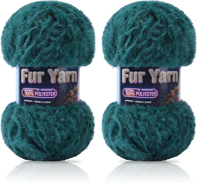 Faux Fur Yarn Soft Fluffy for Crocheting - 2 Skeins(Each 3.5oz/100g, 71yd/65m) - Chunky & Fluffy Yarn for Crochet Amigurumi, Blankets, Hand Knitting, Scarves &Crafts (2, Dark Green)