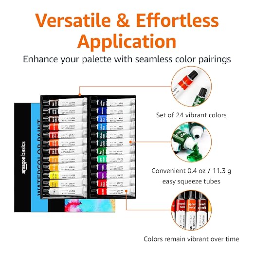 Amazon Basics Vibrant Watercolor Paint Set Tubes, 24 Assorted Colors, 0.4oz, Easy to Mix and Use