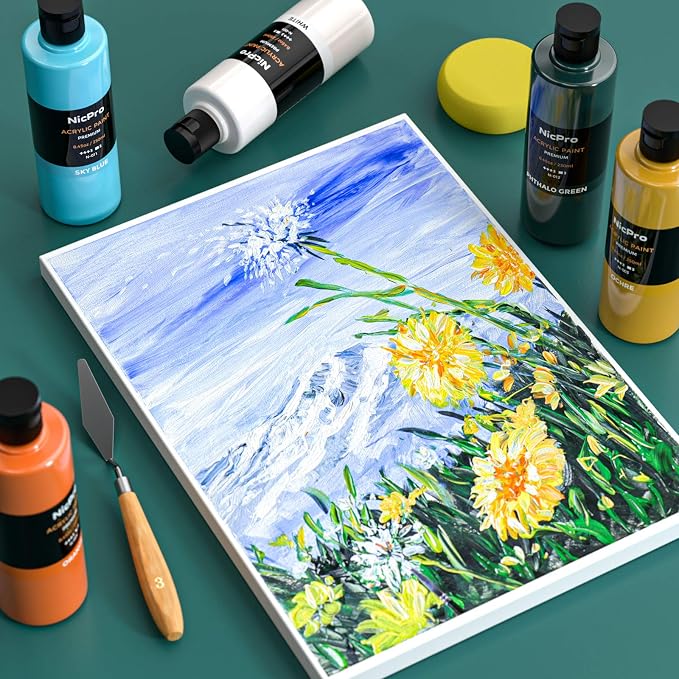 Nicpro 12 Colors Large Bulk Acrylic Paint Set for Artist (8.45 oz, 250 ml) | Rich Art Painting Supplies, Non Toxic for Multi Surface Craft Rock Canvas Wood Ceramic Leather Fabric, for Adult Beginners