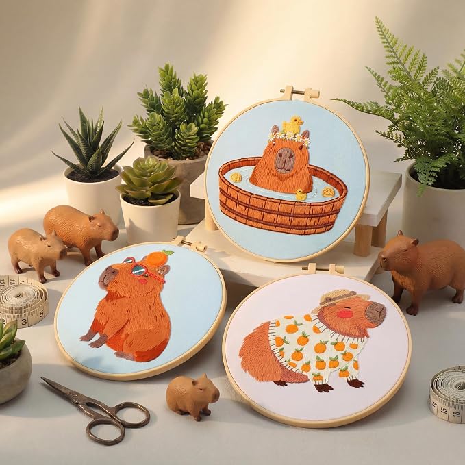 Mindsoft 3 Set Needlepoint Kit for Beginners with Hoop,Capybara | Bamboo Hoop Thread Needles Instructions, Easy Hand Embroidery for Beginners Home Crafts,Pre-stamped Funny Cute Designs