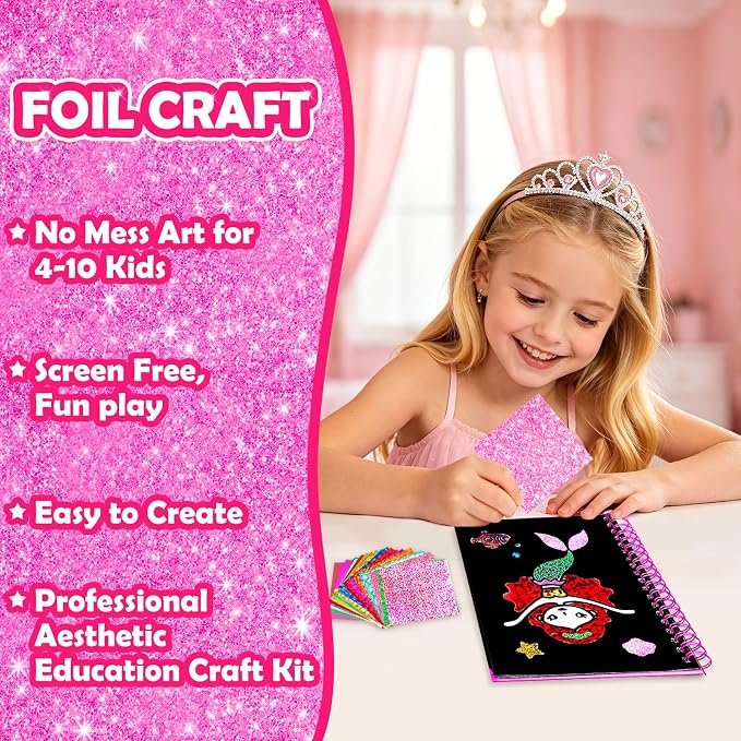 FUNNYB&G Foil Art Craft Kit for Kids, Sparkly Birthday Gift Toy for Girls | No Mess, Kids Ages 4-10 Create Sparkling Artwork, A Creative Gift for Birthdays, Holidays, Travel Activities,Screen-Free Fun