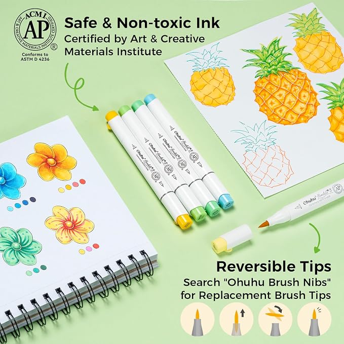 Ohuhu Alcohol Markers Brush& Fine 120 Colors for Adults Coloring Refillable | AP Certified Art Marker Set, Dual Tips Alcohol-based for Artists Beginners Drawing Illustration Sketching, Honolulu 2B
