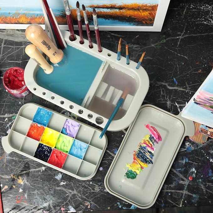 MyLifeUNIT Paint Brush Cleaner, Paint Brush Holder with Palette, Grey | 18 mixing wells, 16 slots fitting 0.24-0.63 in diameters, 3 washing compartments, removable tray lid