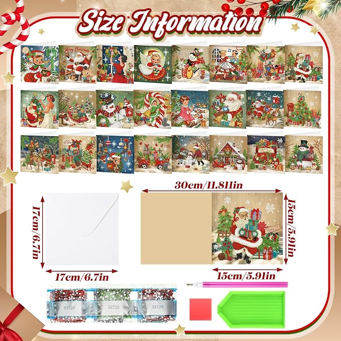 Saillong 24 Pack Vintage Christmas Diamond Art Card with Envelopes