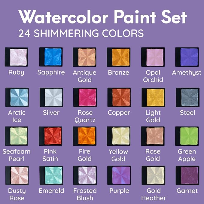 MozArt Komorebi Professional Metallic Watercolor Set 24 Colors Metal | Shimmer Watercolor Art Supplies – Lockable Metal Box & Detachable Pans – 24 Colors for Arts, Crafts, Journaling & Mixed Media