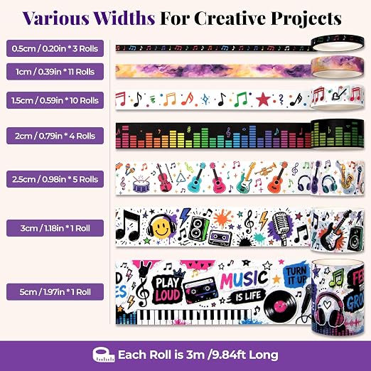 Music Washi Tape Set, 35 Rolls Decorative Washi Tape with Gradient Foil, Music Notes, Piano Keys, Cassette Tape Designs for Journaling, Scrapbooking, Planner, Card Making, DIY Crafts & Gift Wrapping