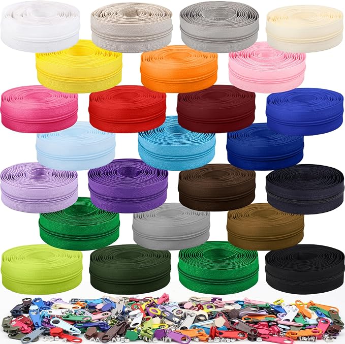 DOITEM 77.5 Yards 25 Pieces Sewing Zippers #3 Nylon Coil Zippers Assorted Zipper for Sewing with 150 Zipper Sliders for DIY Tailor Sewing Crafts Supplies, 25 Color