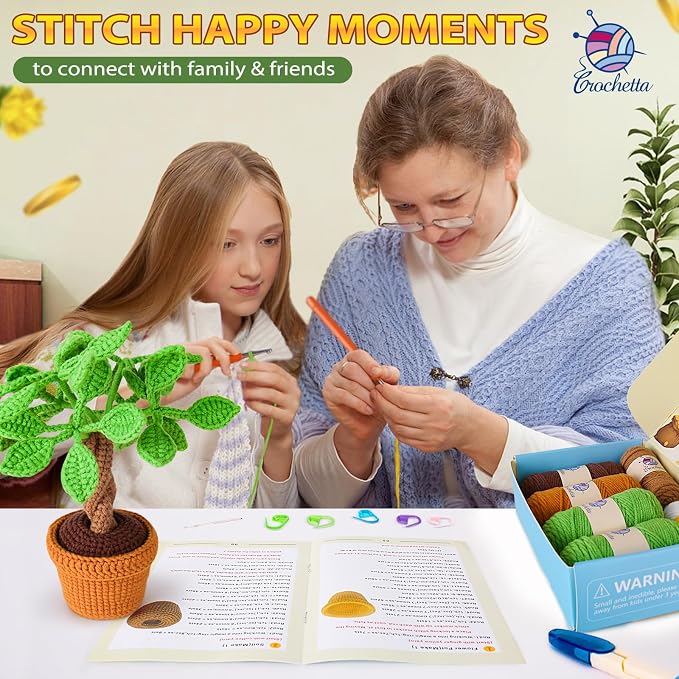 Crochetta Crochet Kit for Beginners, Beginner Crochet Kits for Adults with Step-by-Step Video Tutorials, DIY Knitting & Crocheting Craft Hobbies Supplies, Money Tree Amigurumi(40%+ Yarn)