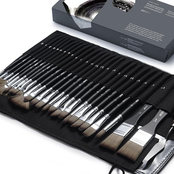 ARTIFY 25 Pieces Professional Paint Brush Set – Expert Series Synthetic Nylon Brushes for Acrylic, Oil, Watercolor, Gouache – No Shedding, Canvas Roll Case & Palette Knife, Artist Gifts Art Supplies