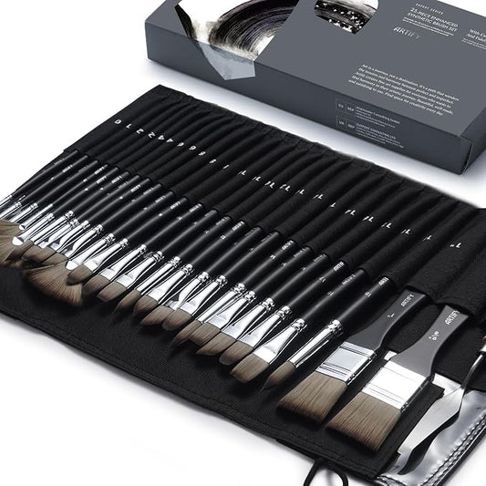 ARTIFY 25 Pieces Professional Paint Brush Set – Expert Series Synthetic Nylon Brushes for Acrylic, Oil, Watercolor, Gouache – No Shedding, Canvas Roll Case & Palette Knife, Artist Gifts Art Supplies