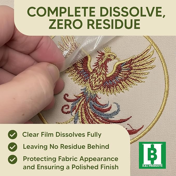 HBI Wash Away Embroidery Topping, Water Soluble Clear Film, 10 in x 25 yd | 1.5 oz water soluble backing, dissolves fully in water, machine and hand embroidery, freestanding lace, applique,
