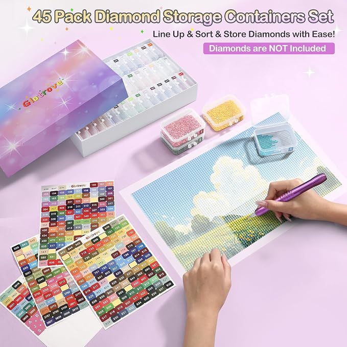 Diamond Art Storage Containers Trays, 45 Pcs | GRS-Certified Eco-Friendly Materials, 2-in-1 Diamond Painting Trays with Lids, Shake to Sort, Spill-Proof, Labels Included