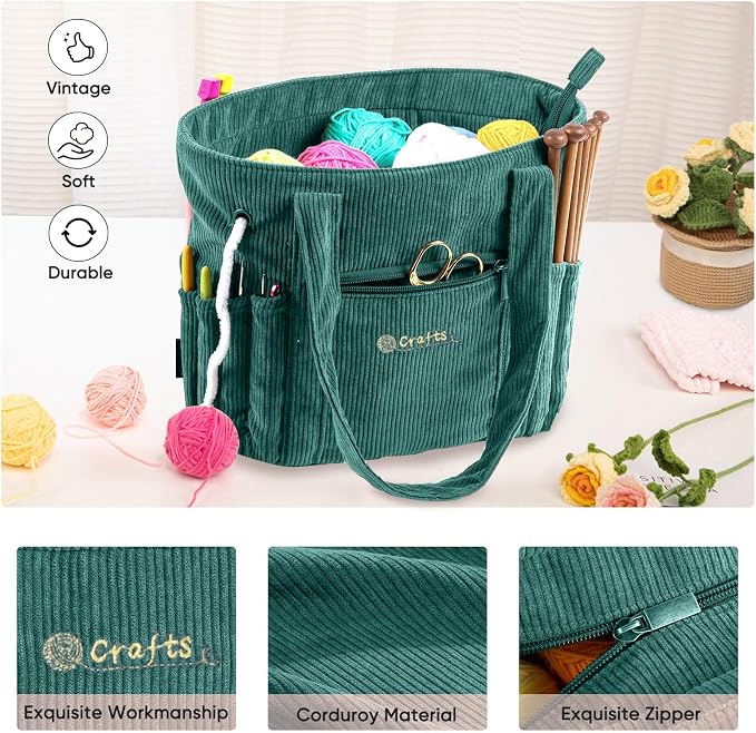 MYBAGZING Crochet Bag and Tote - Corduroy Yarn Bag - Yarn Holder for Crocheting - Crochet Storage Bag for Crochet Hooks, Crochet Accessories, Knitting Bag for Crochet Lovers, Mother's Day Gift