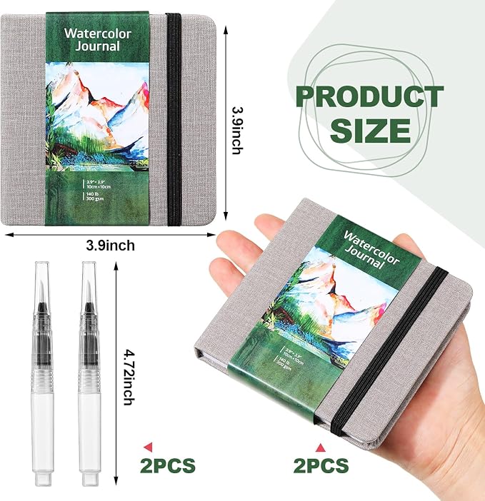 Dispowreath 2 Pack Pocket Watercolor Sketchbook Journal, 300 GSM, 3.9x3.9 in