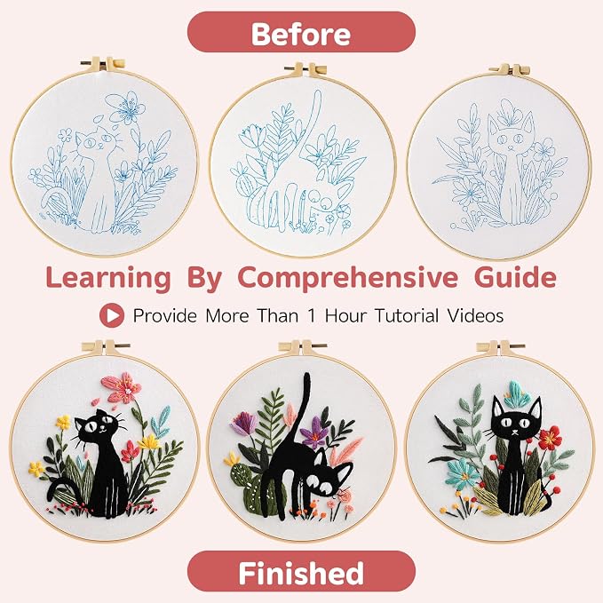 Meyocky Embroidery Kit for Beginners with Cat Flower Patterns& Stitch Video | 3-Piece Hand Embroidery Kits with Pre-Stamped Fabrics Hoop Threads, Step-by-Step Instructions, Relaxing Craft Gift for Women