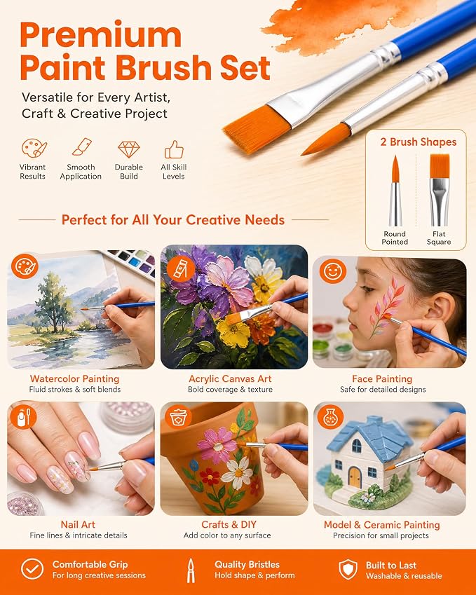 Small Paint Brushes Bulk, 160 Pcs Flat Tip Round Acrylic Paint Brushes for Kids Classroom Acrylic Watercolor Canvas Face Painting Touch Up