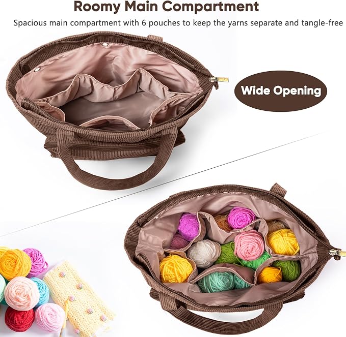 MYBAGZING Large Yarn Tote Organizer – Corduroy Knitting Storage Holder for Yarn, Hooks & Accessories, Portable Craft Carryall for Crocheting Lovers, Mother’s Day Gift