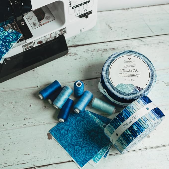 Tinyspool & Co.'s Twirlie Roll 40 Precut Quilting Fabric Strips for Quilting Supplies, Crafting, and Sewing, Soft Cotton Strip for Blanket, Rug, Upholstery, Home Decor, and Purse Making, Eternal Bleu