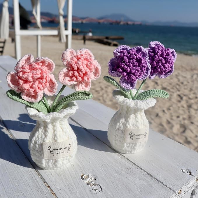 Crochet Paris Polyphylla Flower Pot Handmade Knitted Desk Decor Pink Potted Plant for Home Office