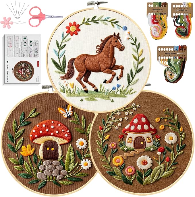 Santune 3 Pack Embroidery Kit Cross Stitch Needlepoint Kits for Beginners Adult Needle Point Sets with Mushroom & Horse Embroidery Patterns, Includes Step-By-Step Instructions & Accessories