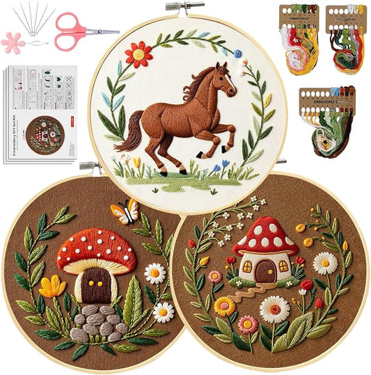 Santune 3 Pack Embroidery Kit Cross Stitch Needlepoint Kits for Beginners Adult Needle Point Sets with Mushroom & Horse Embroidery Patterns, Includes Step-By-Step Instructions & Accessories