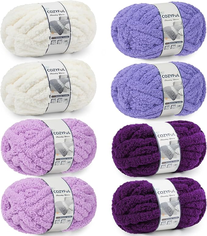 Cozyful Chunky Yarn for Hand Knitting - #10 Chunky Chenille Yarn, Jumbo Big Thick Chunky Yarns for Crocheting, Super Bulky Chunky Knit Blanket Yarns, 8 Skein (22yd, 8oz/Skein), Cream & Multi Purple