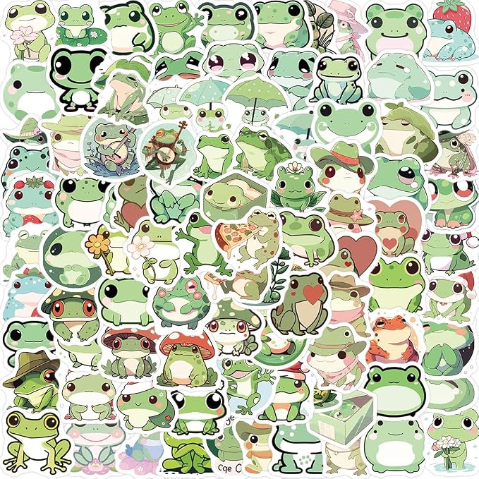 100PCS Mini Cute Cartoon Frog Stickers, Waterproof Vinyl Decals for Water Bottle Laptop Journal Planner Scrapbooking Kids Crafts Gift (Frog)