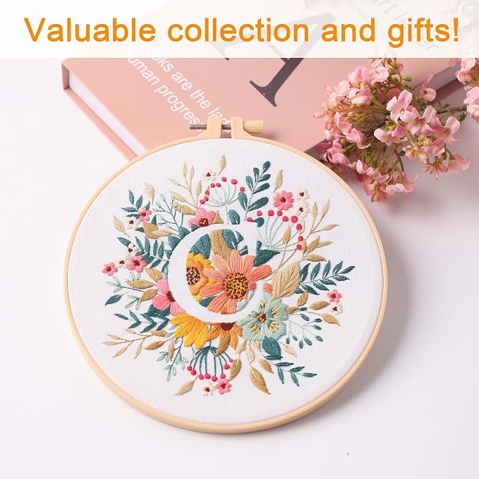 Harimau Letter C Pattern Embroidery Kit for Adult Beginners, Complete Starter Pack with 1 Hoop, Needles, Instruction Guide & Embroidery Stitch Video Tutorials