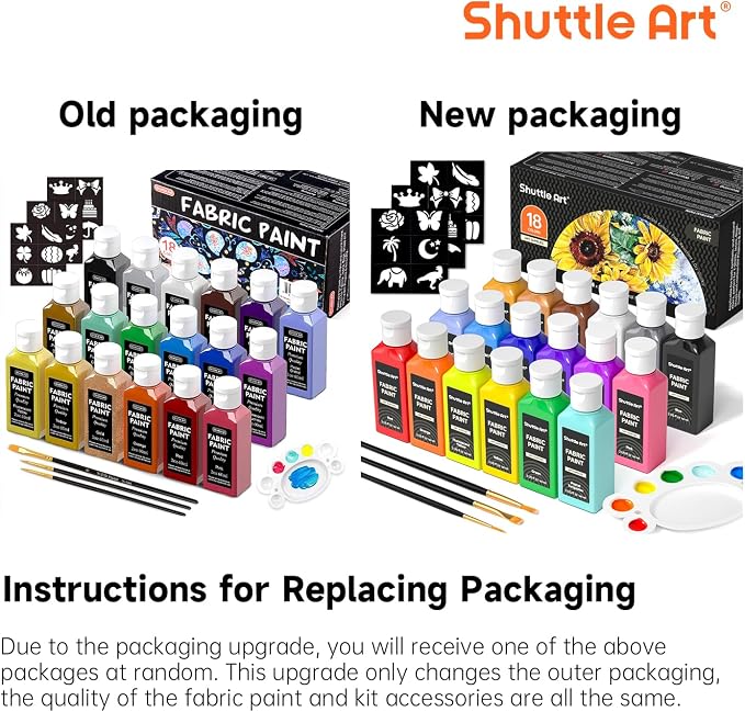 Shuttle Art Fabric Paint, 18 Colors Permanent Soft Fabric Paint in Bottles (60ml/2oz) with Brushes, Palette, Stencils, Non-Toxic Textile Paint for T-Shirts, Shoes, Jeans, Bags, DIY Projects&Art