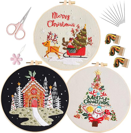 LB Christmas Embroidery Kit for Beginners Adults, 3 Sets Hand Embroidery Starter Kit with Snowman Pattern and Instructions Stamped Cross Stitch Kits Include Embroidery Hoop Needles Threads Scissors