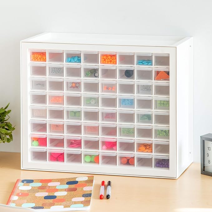 IRIS USA 64-Drawer Screw Organizer, Hardware Storage, Made in USA, White | Wall mountable, Stackable, Art & Craft Supplies, Beads, Gem Stones, Building Bricks, Garage Tool Storage