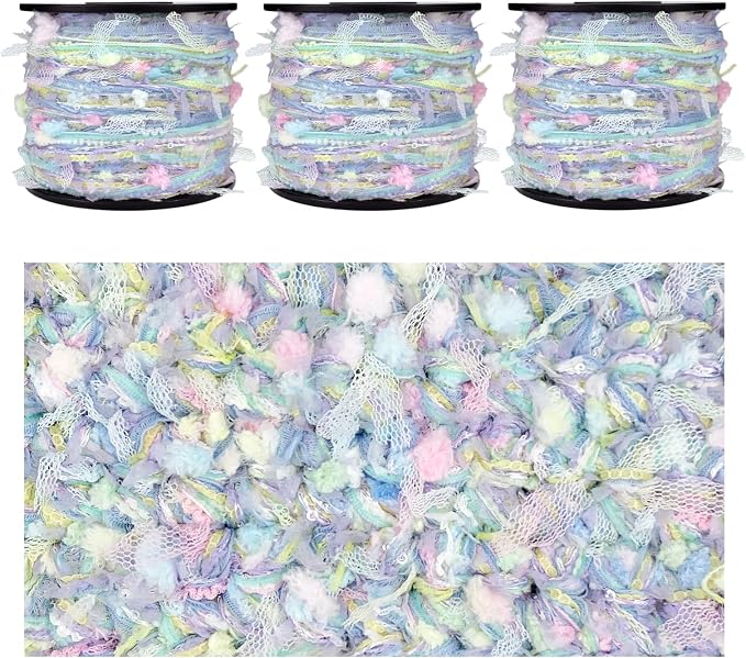 Artisanal Yarn Collection Multifiber Fancy Yarn with Micro Silver Sequins for Knitting Crocheting Crafts DIY, Set of 3 Rolls (Dreamy Blue)