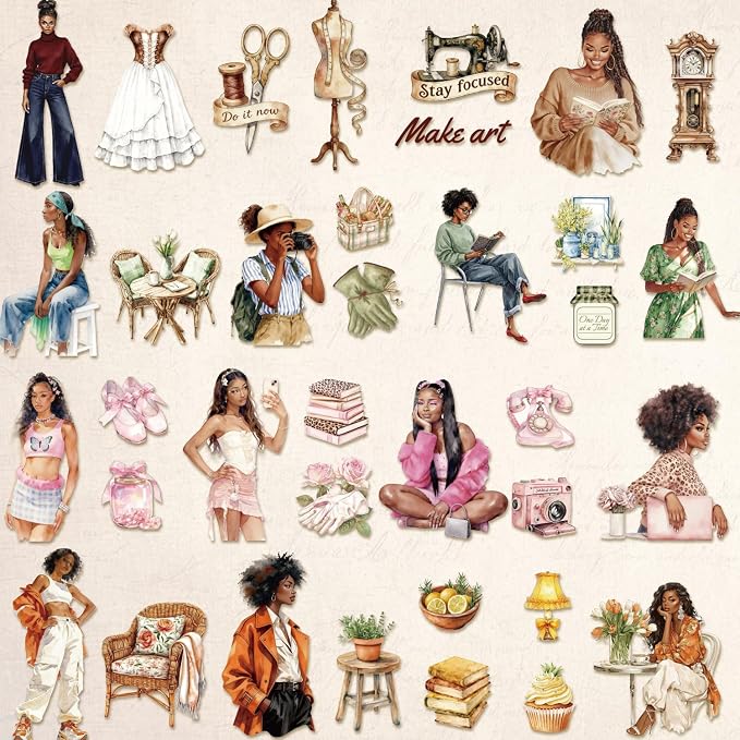 Black Girl Sticker Book, 400+ Vintage Scrapbook Stickers for Black Teen Girls & Women, 30 Pages of Waterproof Vinyl Aesthetic Decals Motivational Quotes for Journaling Planner, Scrapbooking, Laptop