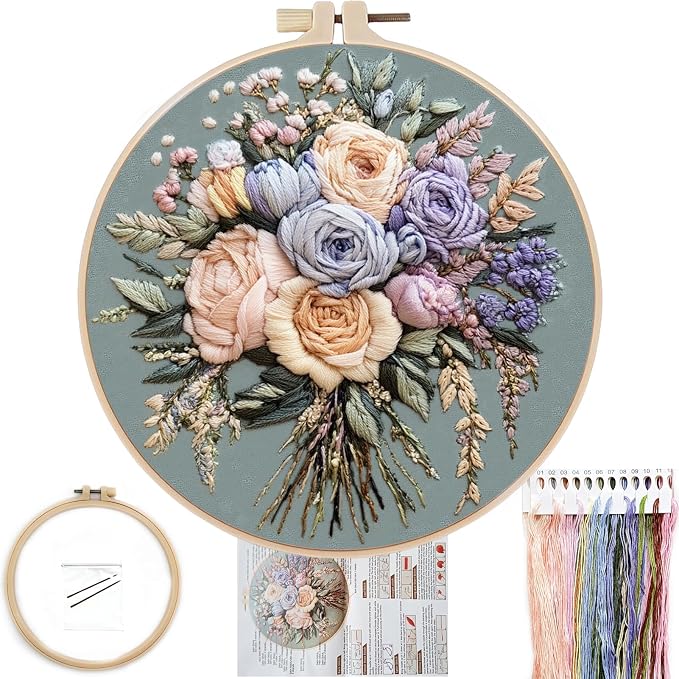 FONNUY Bouquet Flowers Embroidery Kit for Beginners, Pre-Stamped Pattern Kits for Adults with Hoop, Easy to Follow Color Thread Needlework, 8'' Hoop (Joyful Bouquet)