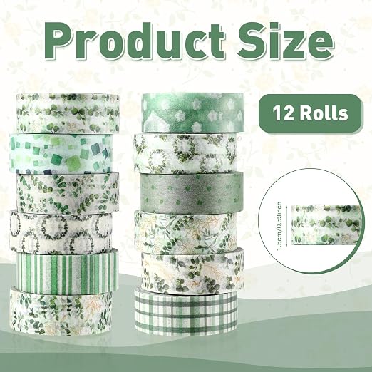 12 Roll Floral Washi Tape Set Flower Decorative Masking Tape for Scrapbook | Green Eucalyptus Leaves Washi Tape Set for Back to School Arts DIY Craft Scrapbook Journal Supplies Gifts