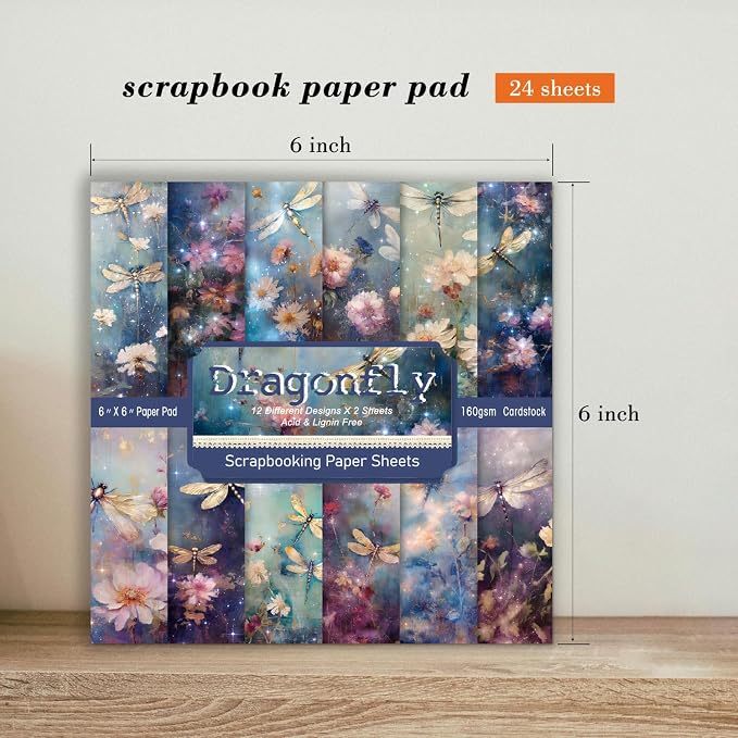 6 x 6 In Dragonfly Scrapbooking Paper Pad, 24 Sheets Floral Pattern Design Cardstock Decorative Decoupage for Photo Album Card Making Folded Supplies Gift Wrapping Junk Journals Crafts