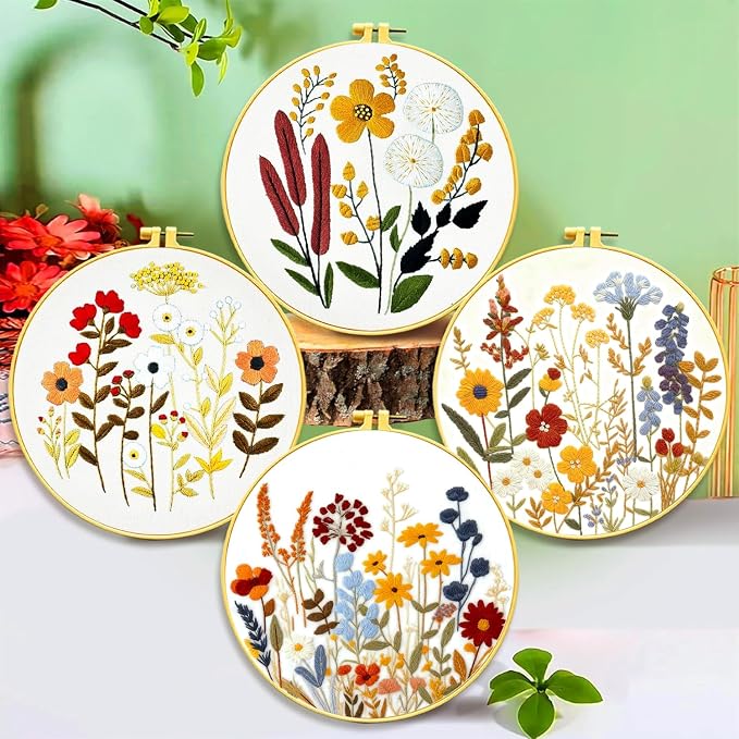 Zhenqing Floral Embroidery Kit - 4 Piece 29x29cm Round Hoop Art Set with Pre-Printed Cotton Fabric, Embroidery Hoop, Threads & Tools for Beginners (C0010)