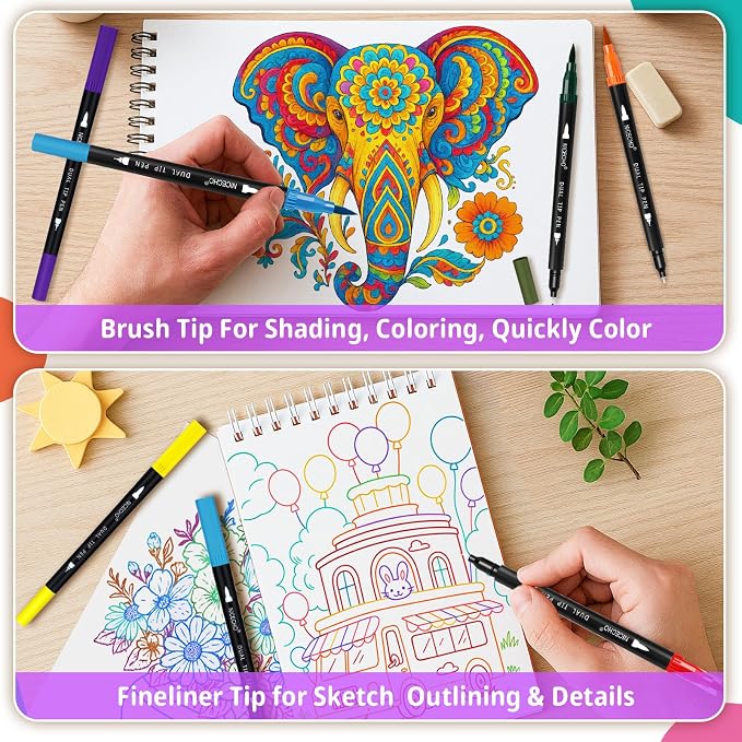 Nicecho 24 Colors Dual Tip Art Markers Pens for Adult Coloring Books | Brush and Fineliner Tip Art Suppliers for Journaling Note Taking Lettering