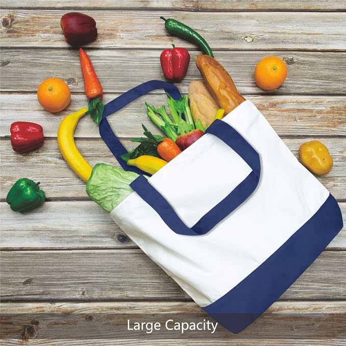 TOPDesign 12-Pack Super Strong Large 12oz Cotton Canvas Tote Bag, Reusable Grocery Shopping Cloth Bag, Fashionable Two-Tone Tote for Crafts, DIY Your Creative Designs (Blue/White)