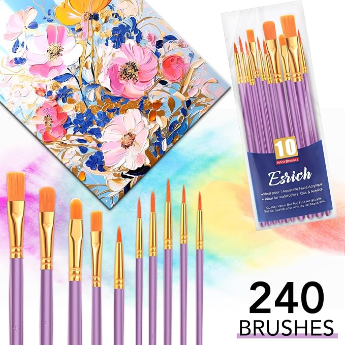 ESRICH 240PCS Paint Brushes, Paint Brush for Acrylic Painting | Artist Paintbrushes for Oil Watercolor, Body Face Rock Canvas, Small Paint Brushes for Kids, Purple