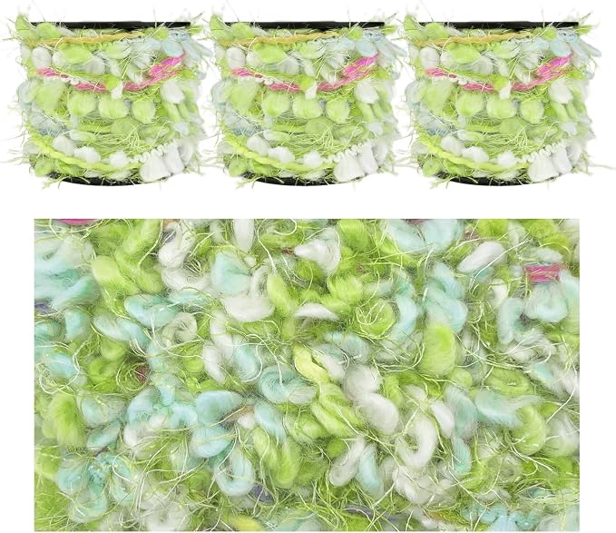 Artisanal Yarn Collection Multifiber Fancy Yarn for Knitting Crocheting Crafts DIY, Set of 3 Rolls (Green Bubbles)