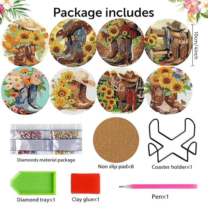 8 Pcs Diamond Art Coasters Kits, Cowboy Boots Diamond Painting Coasters Kit