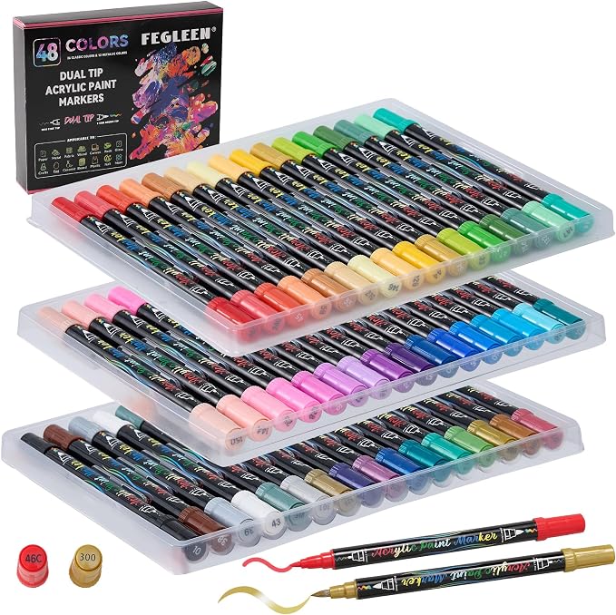 48 Colors Acrylic Paint Markers,Dual Tip Acrylic Markers with Fine Tip and Brush Tip Contain 12 Metallic Colors for Rock Painting,Egg,Wood,Glass,Canvas,Fabric,Ceramic,Crafts,Art Supplies